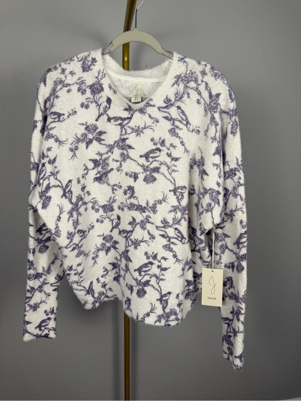 NWT Joie Toile Bird Floral Fuzzy Knit Crewneck Sweater Ivory Purple S